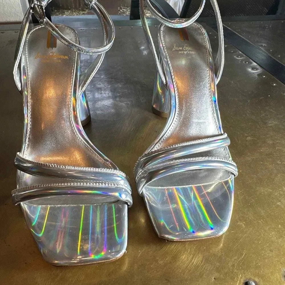 Sam Edelman Strappy Block Heel Sandals 6.5 Wedding Bridal Silver Holographic Kia